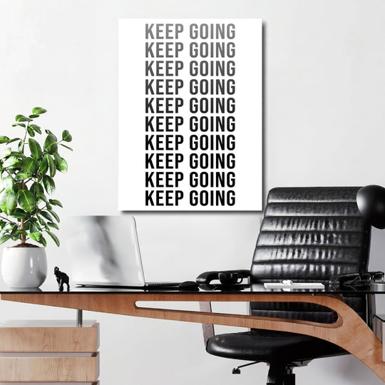 Motivační obraz na zeď do kanceláře, minimalistický černobílý plakát s opakujícím se nápisem KEEP GOING
