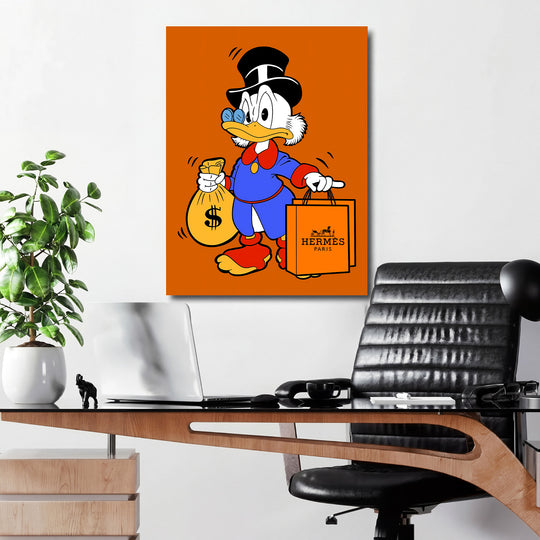 Luxusní pop art obraz na plátně Scrooge McDuck s pytlem peněz a taškou Hermès v moderní kanceláři