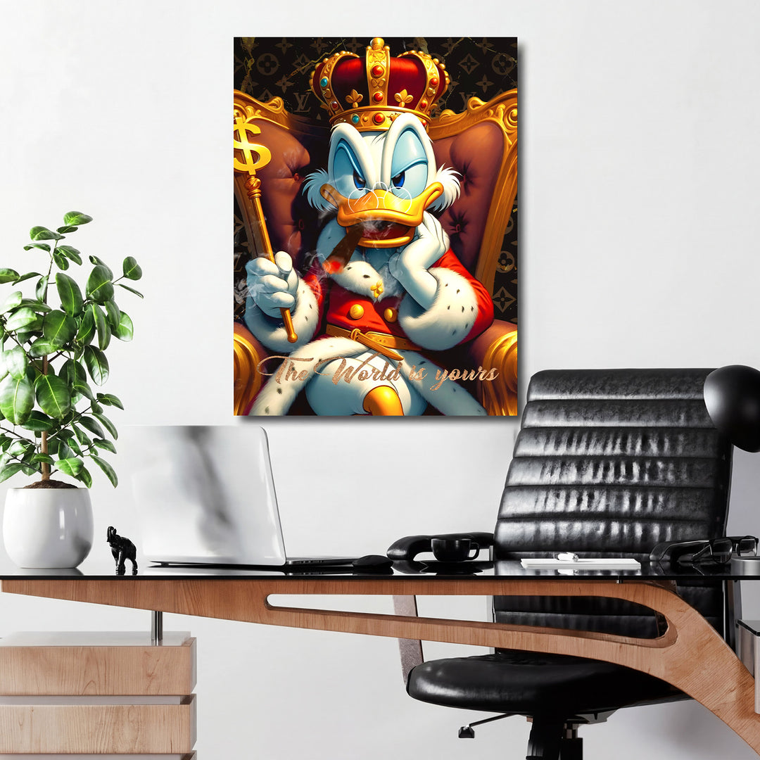 Pop art obraz na plátně do kanceláře, královská kachna s korunou a doutníkem, luxusní motivační motiv
