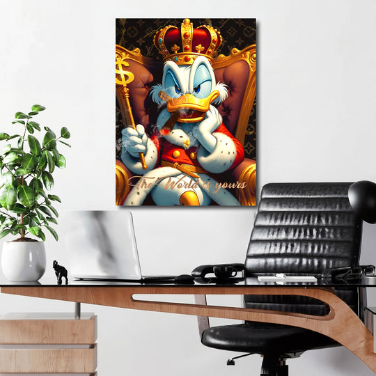 Pop art obraz na plátně do kanceláře, královská kachna s korunou a doutníkem, luxusní motivační motiv