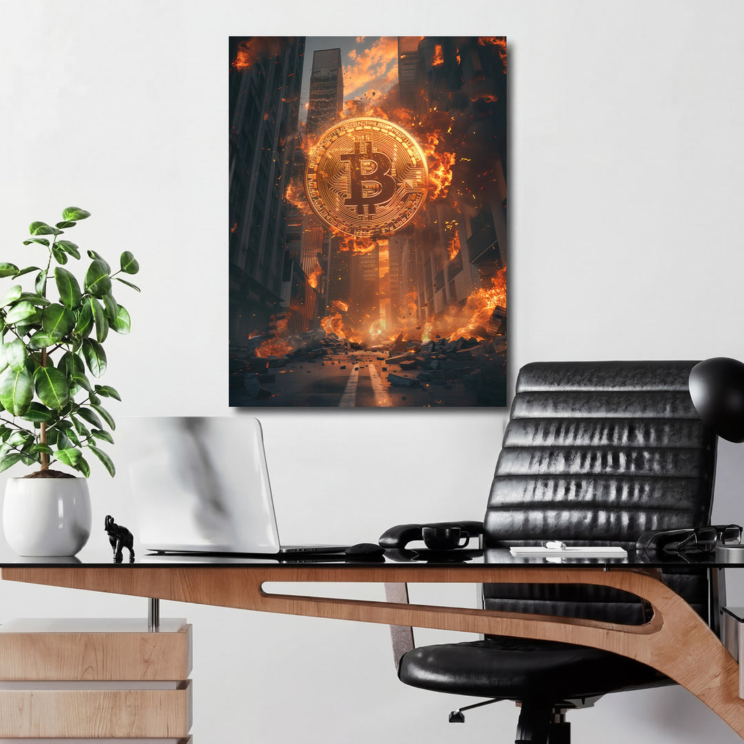 Motivační obraz na zeď s hořícím bitcoinem nad troskami městských mrakodrapů, kryptoměny a pád finančního systému