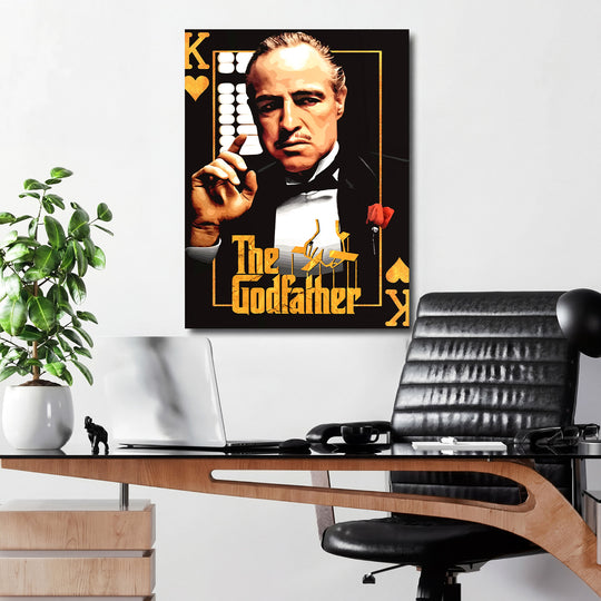 Pop art obraz mafiánského bosse s kartovými symboly a rudou růží jako motivační plakát do kanceláře