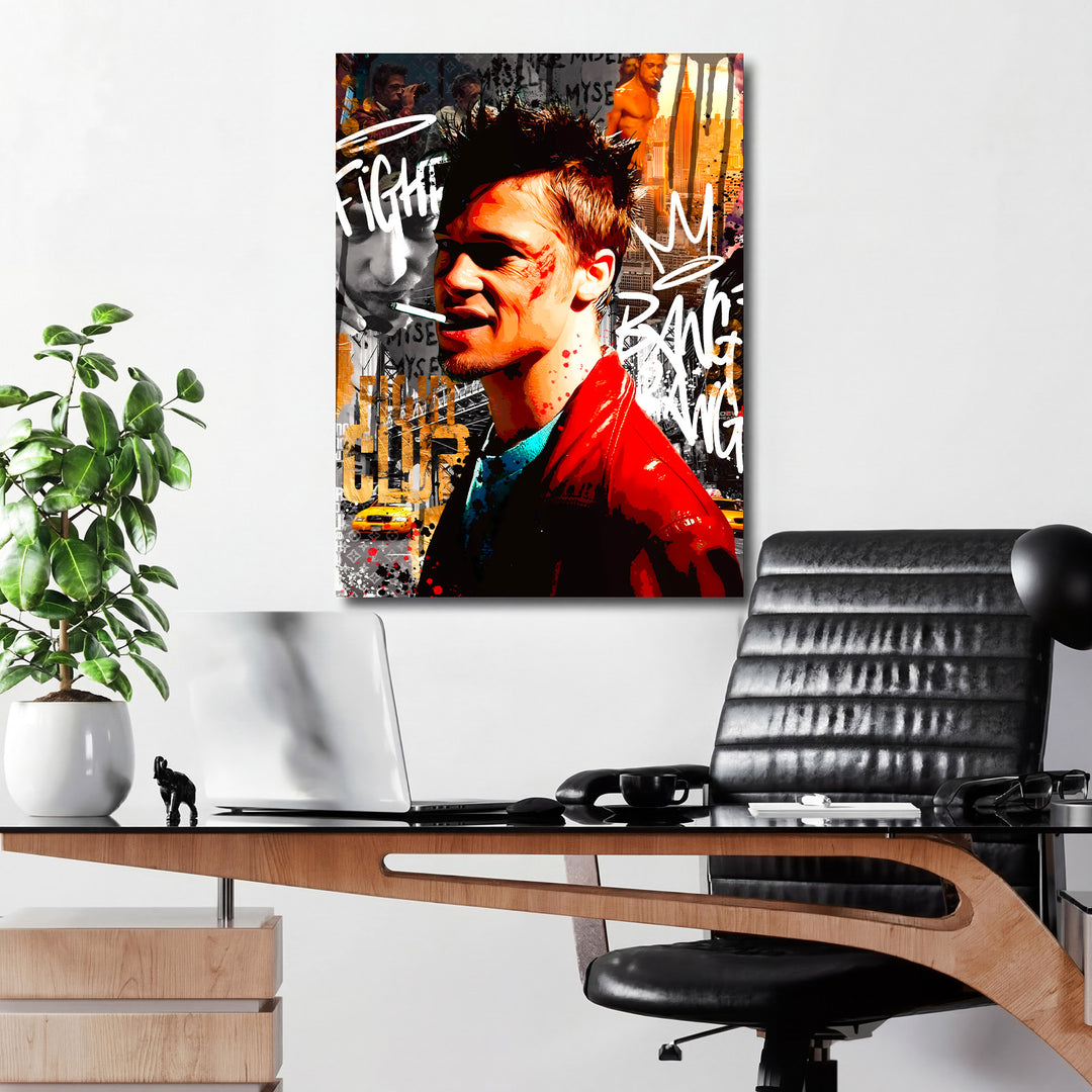 Motivační pop art obraz na zeď s postavou z Fight Clubu, žlutým taxi a newyorským panoramatem