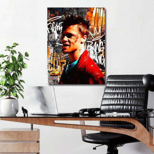 Motivační pop art obraz na zeď s postavou z Fight Clubu, žlutým taxi a newyorským panoramatem