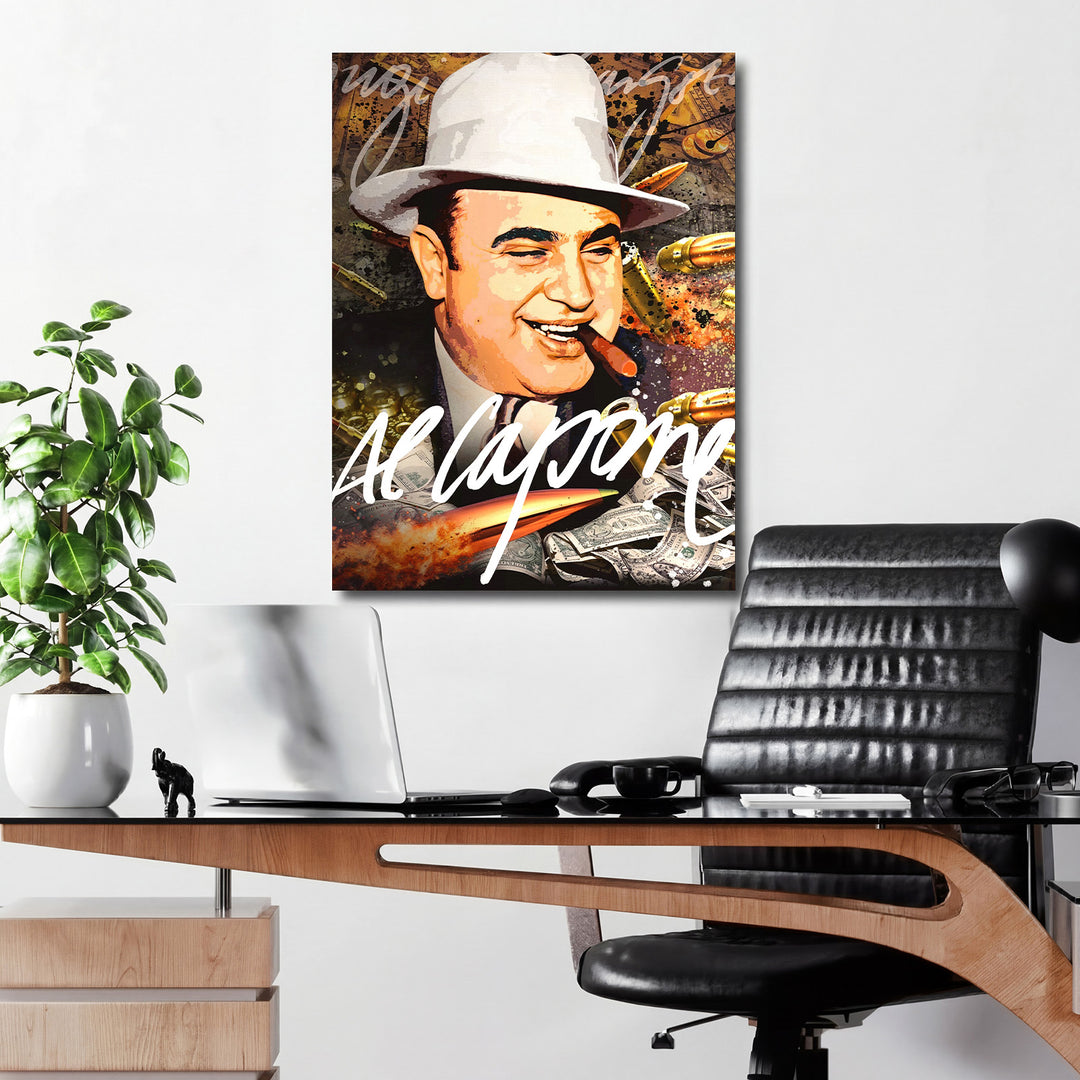Motivační pop art obraz na plátně s gangsterem, penězi a kulkami nad moderním kancelářským stolem