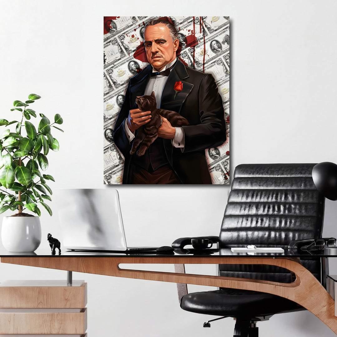 Pop art obraz na plátně s mafiánem držícím kočku před dolarovými bankovkami, luxusní motiv peněz a moci