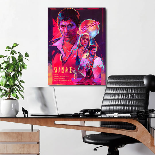 Motivační obraz na plátně s neonovým pop art portrétem Tonyho Montany a citátem The world is yours v kanceláři