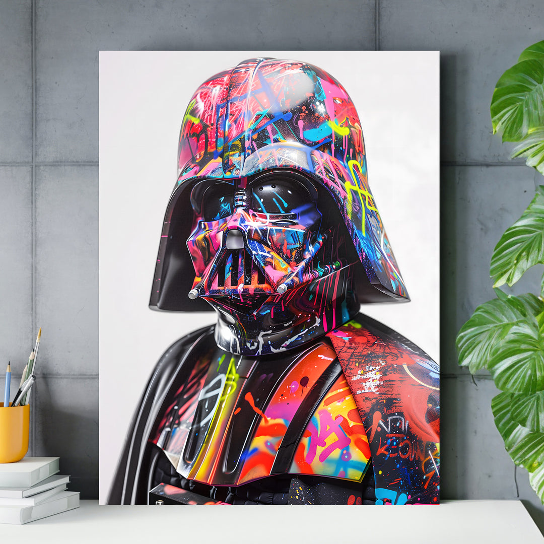 Pop art obraz na plátně s barevnou graffiti helmou Darth Vadera v moderní pracovně, street art décor