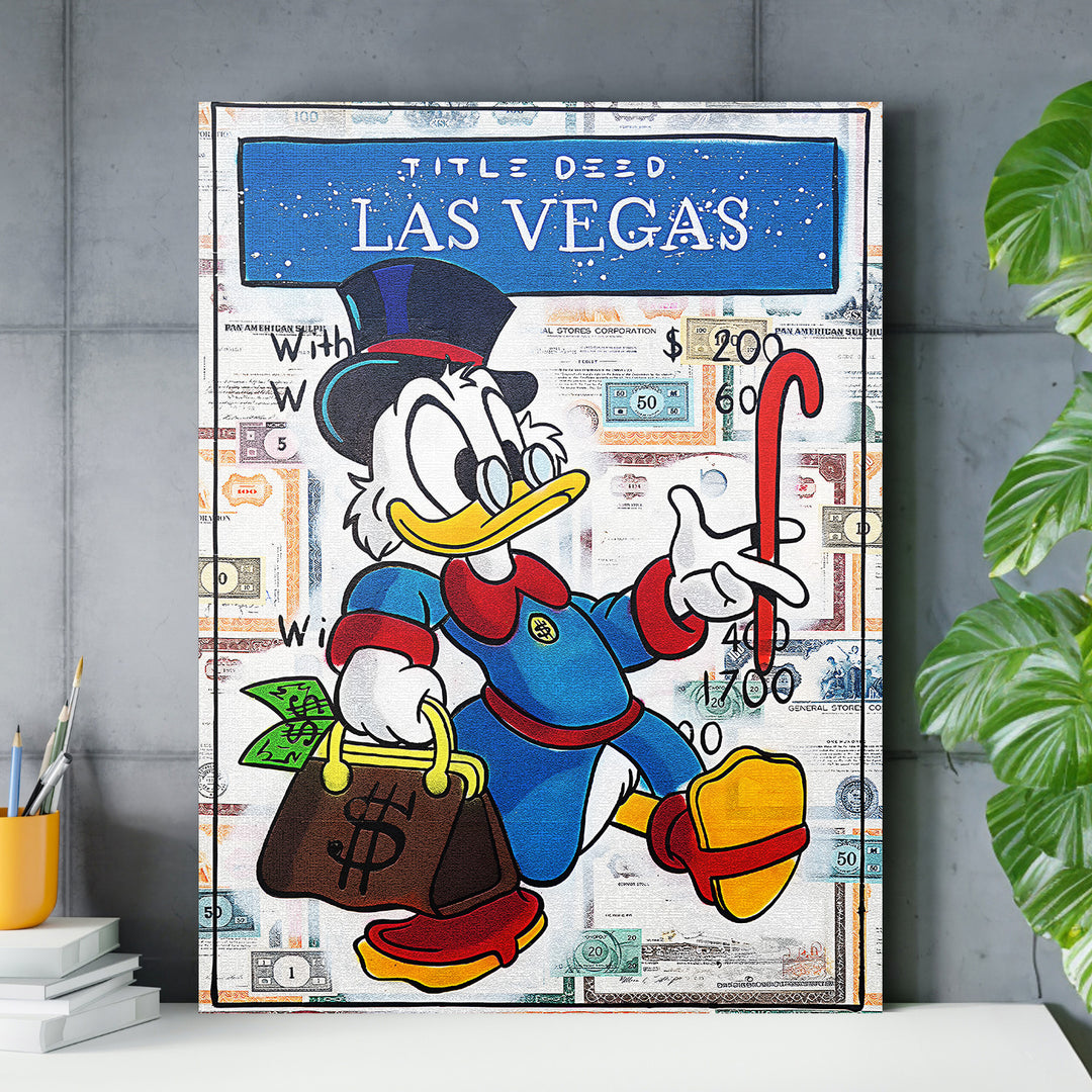 Motivační pop art obraz na plátně s Kačerem Skrblíkem, Las Vegas a balíky peněz do pracovny