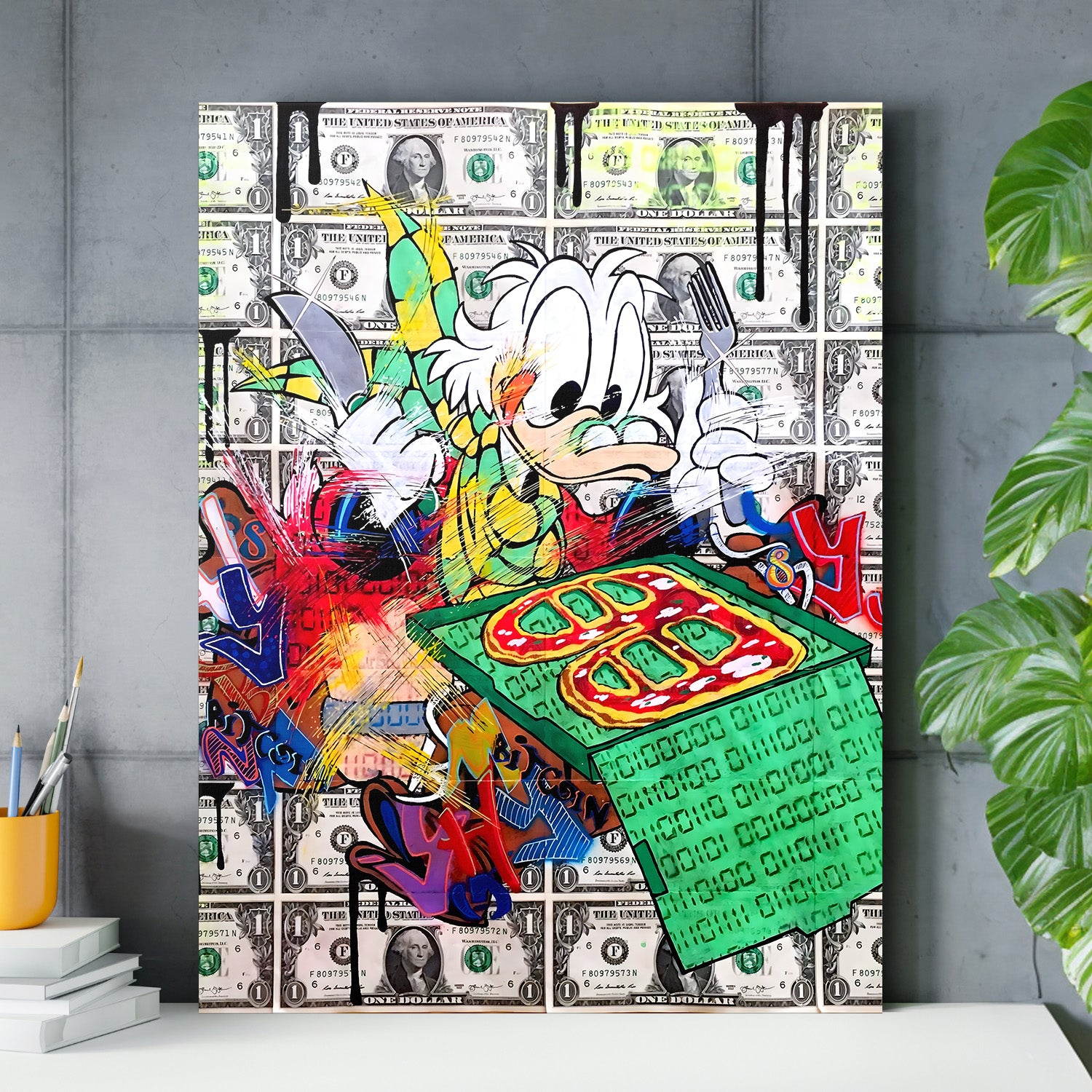 Pop art obraz na zeď do pracovny s graffiti kačerem, dolarovými bankovkami a binárními kódy jako motivační prvek