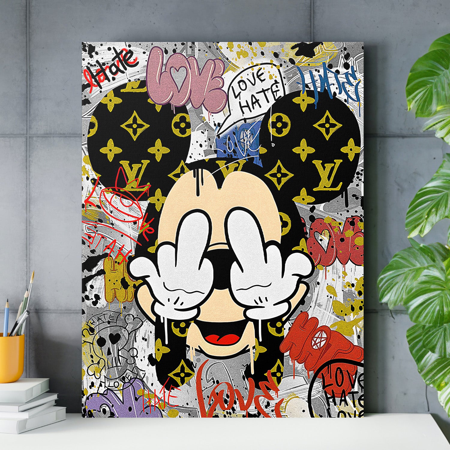 Pop art motivační obraz na plátně s graffiti Mickey Mouse, LV monogramem a street art nápisy Love a Hate