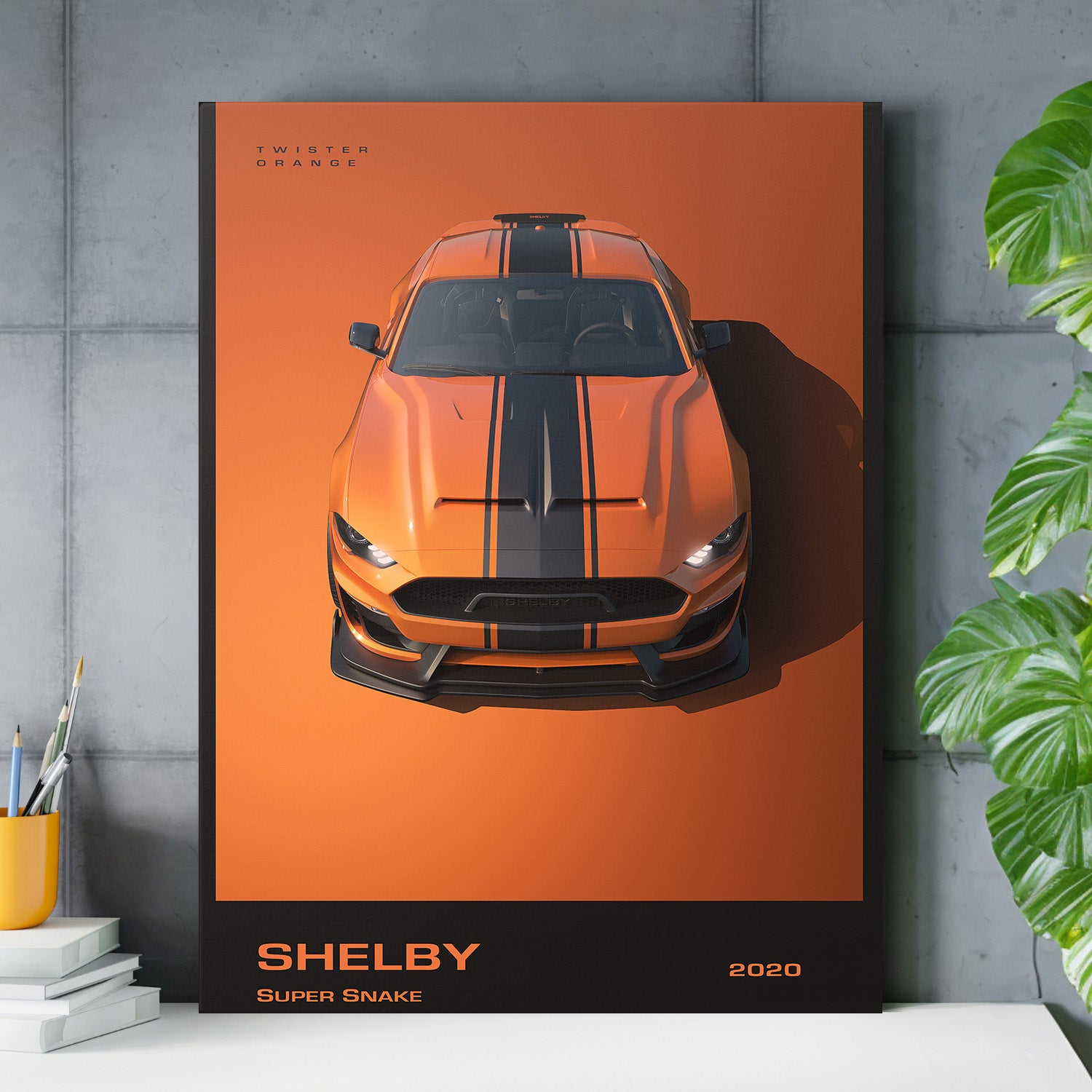Motivační obraz na plátně Shelby Super Snake 2020 v pracovně, luxusní oranžové sportovní auto, lifestyle scéna