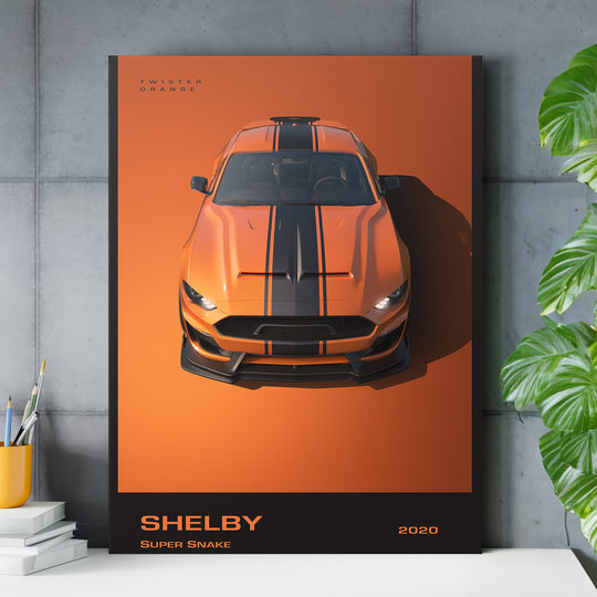 Motivační obraz na plátně Shelby Super Snake 2020 v pracovně, luxusní oranžové sportovní auto, lifestyle scéna