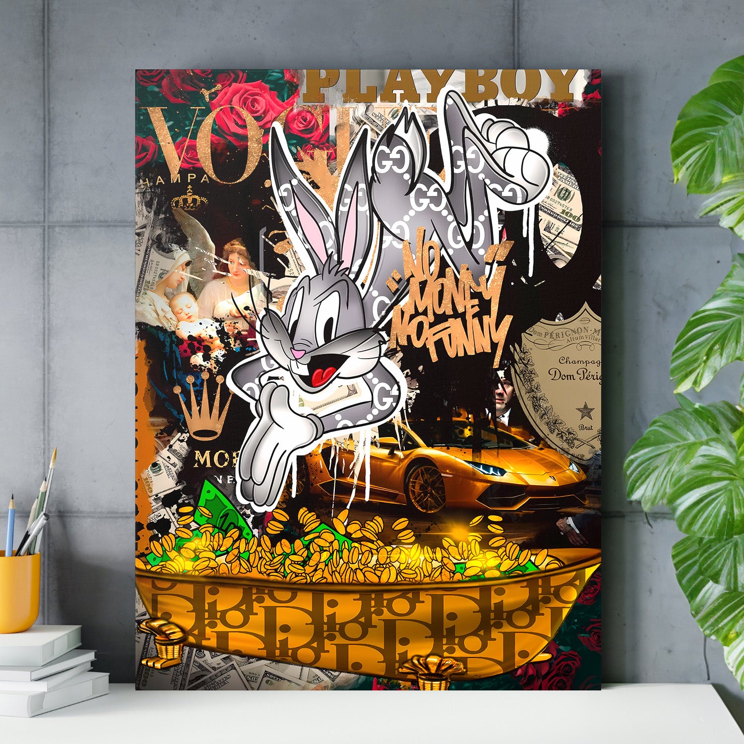 Motivační obraz na plátně s pop art Bugsem Bunnym, žlutým Lamborghini, dolarovými bankovkami a motivačním citátem