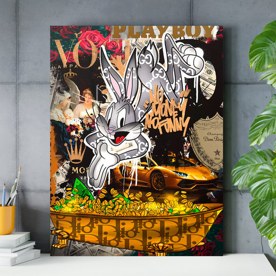 Motivační obraz na plátně s pop art Bugsem Bunnym, žlutým Lamborghini, dolarovými bankovkami a motivačním citátem