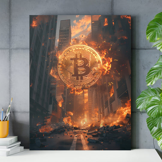 Motivační obraz na plátně s hořícím bitcoinem nad městskými ruinami v industriální pracovně