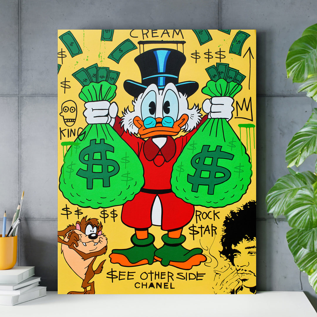 Pop art obraz na zeď s Kačerem Skrblíkem a Tazem, motiv peněz a rockstar atmosféra do kanceláře