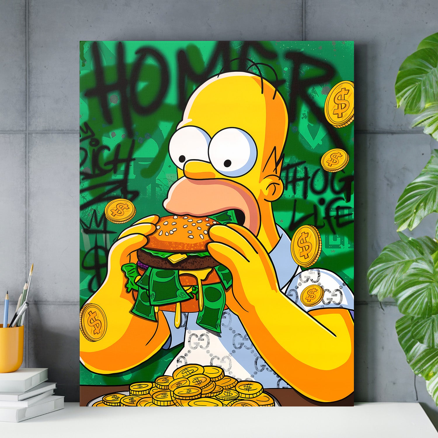 Pop art obraz Homér jí burger z bankovek, obklopený zlatými mincemi jako motivační obraz do pracovny