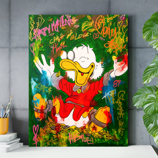 Motivační pop art obraz na plátně s graffiti kačerem a zlatými mincemi v pracovně
