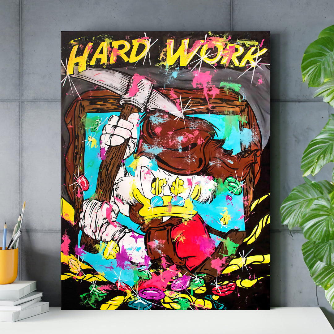 Pop art obraz kačera s krumpáčem, barevné skvrny a motivy peněz jako motivační obraz do pracovny