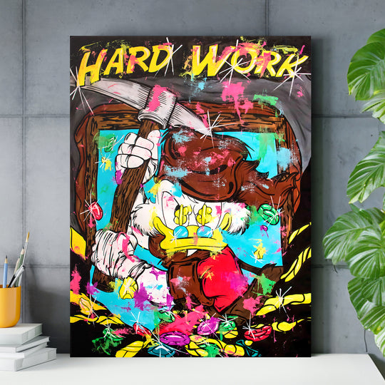 Pop art obraz kačera s krumpáčem, barevné skvrny a motivy peněz jako motivační obraz do pracovny