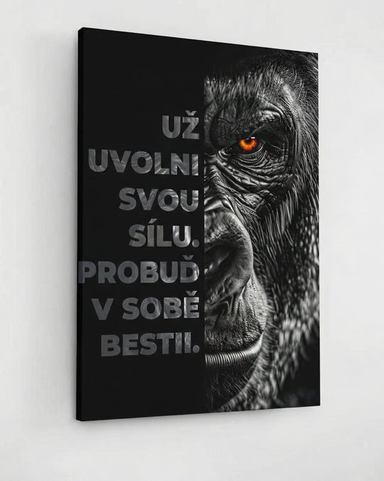 Motivační obraz na plátně s portrétem gorily, oranžovým okem a českým motivačním citátem o síle