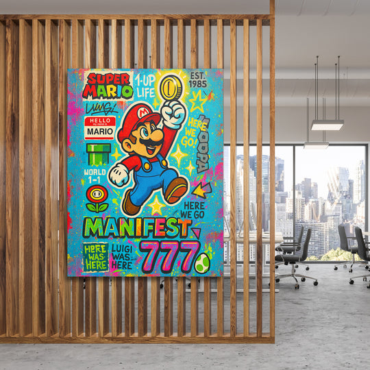 Obraz Super Mario na dřevěné stěně