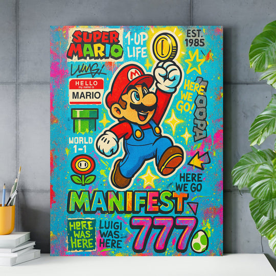 Obraz Super Mario v interiérovém mockupu u stolu