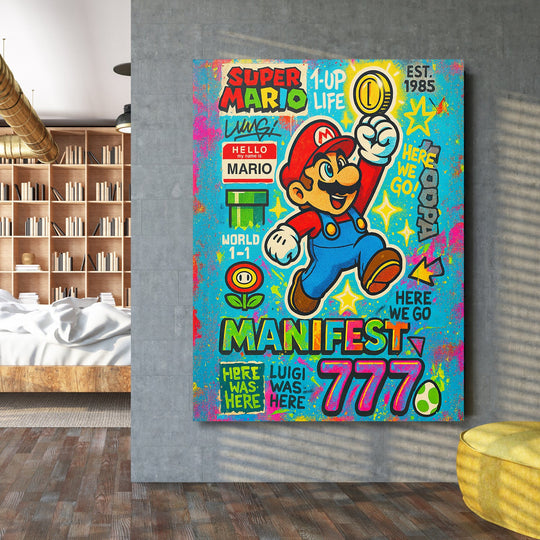 Obraz Super Mario na stěně v interiéru