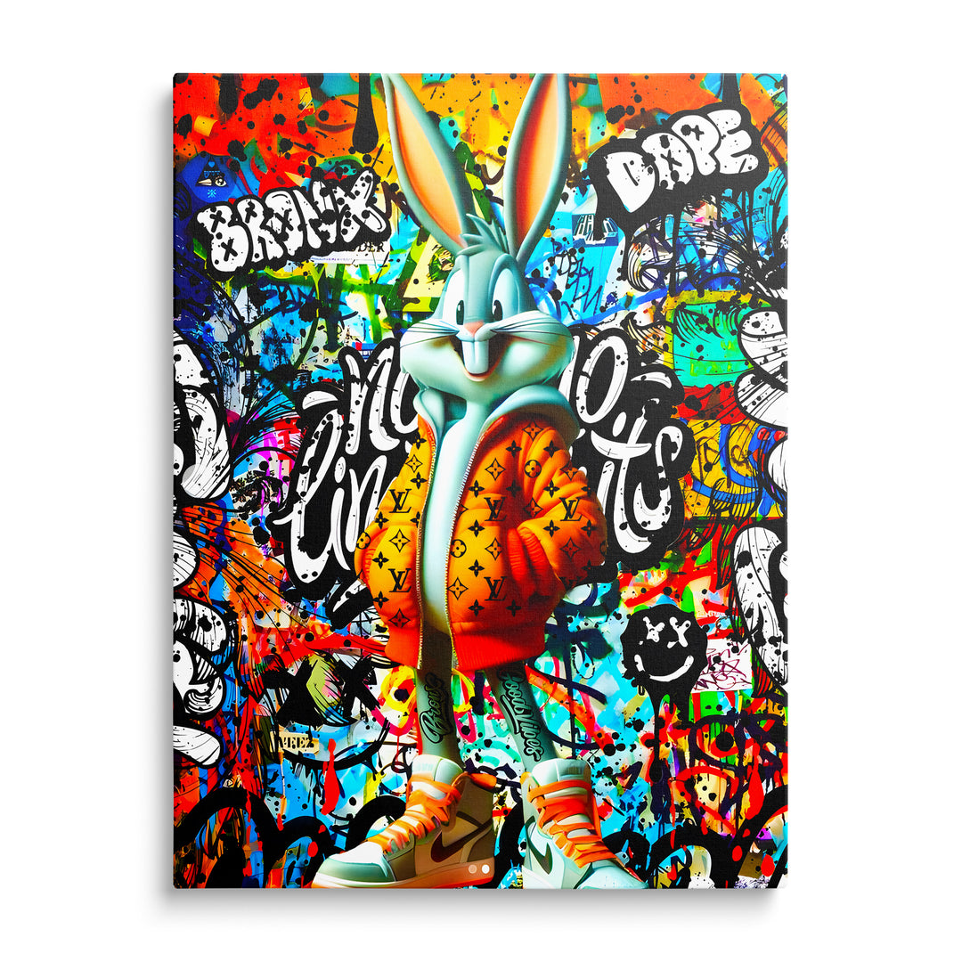 Bugs Bunny v oranžové bundě na pestrém graffiti pozadí