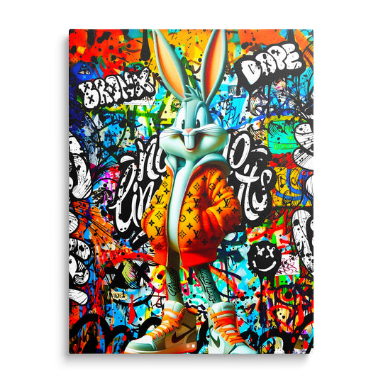 Bugs Bunny v oranžové bundě na pestrém graffiti pozadí