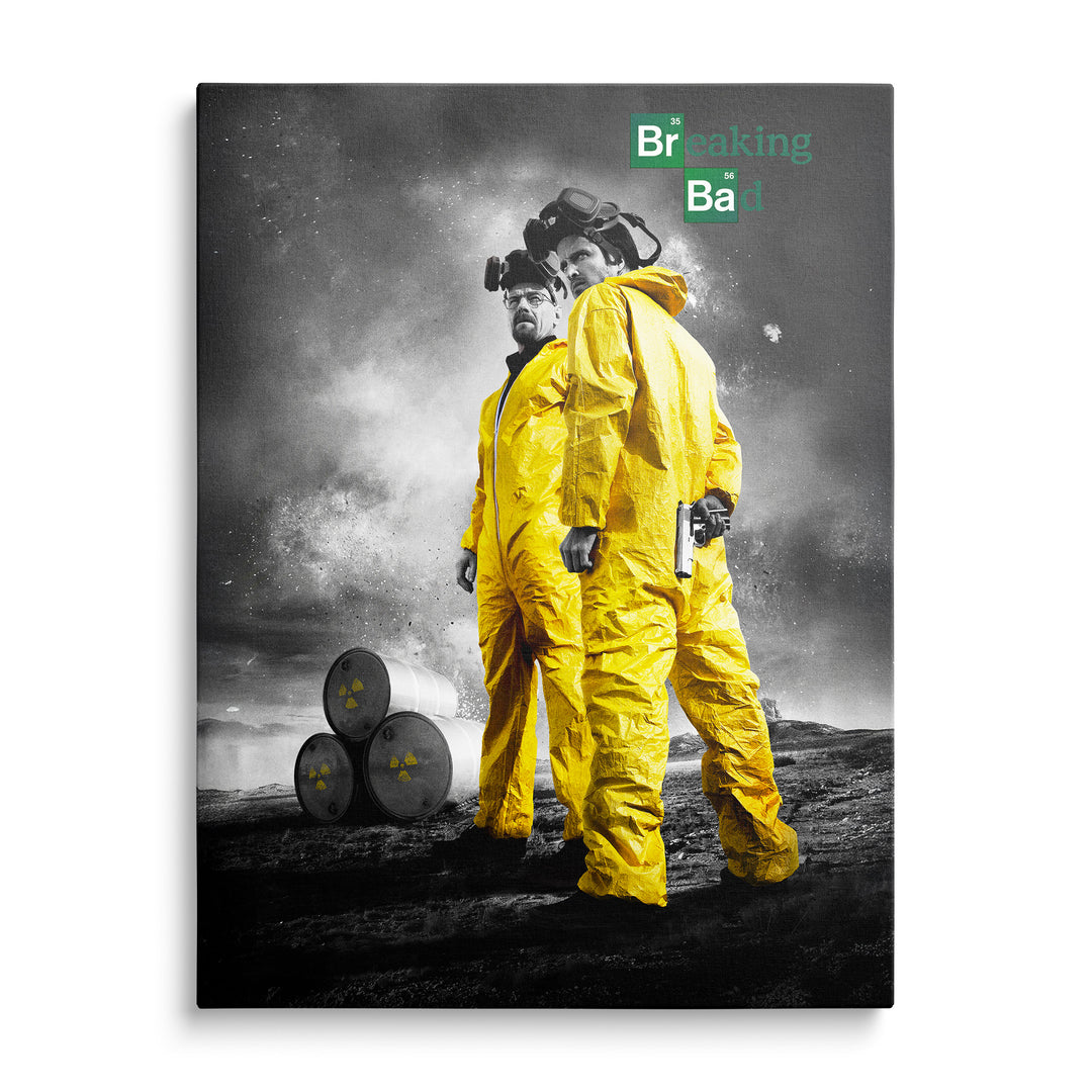 Obraz Breaking Bad se dvěma postavami ve žlutých oblecích v poušti