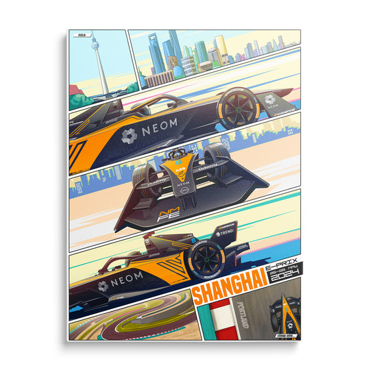 Komiksový obraz Formula E s monoposty a nápisem Shanghai E-Prix