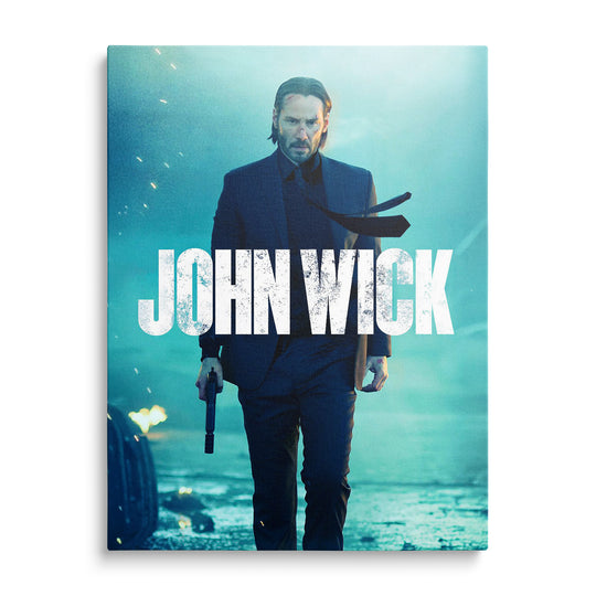 John Wick na mokré ulici v modré mlze s názvem filmu na obraze