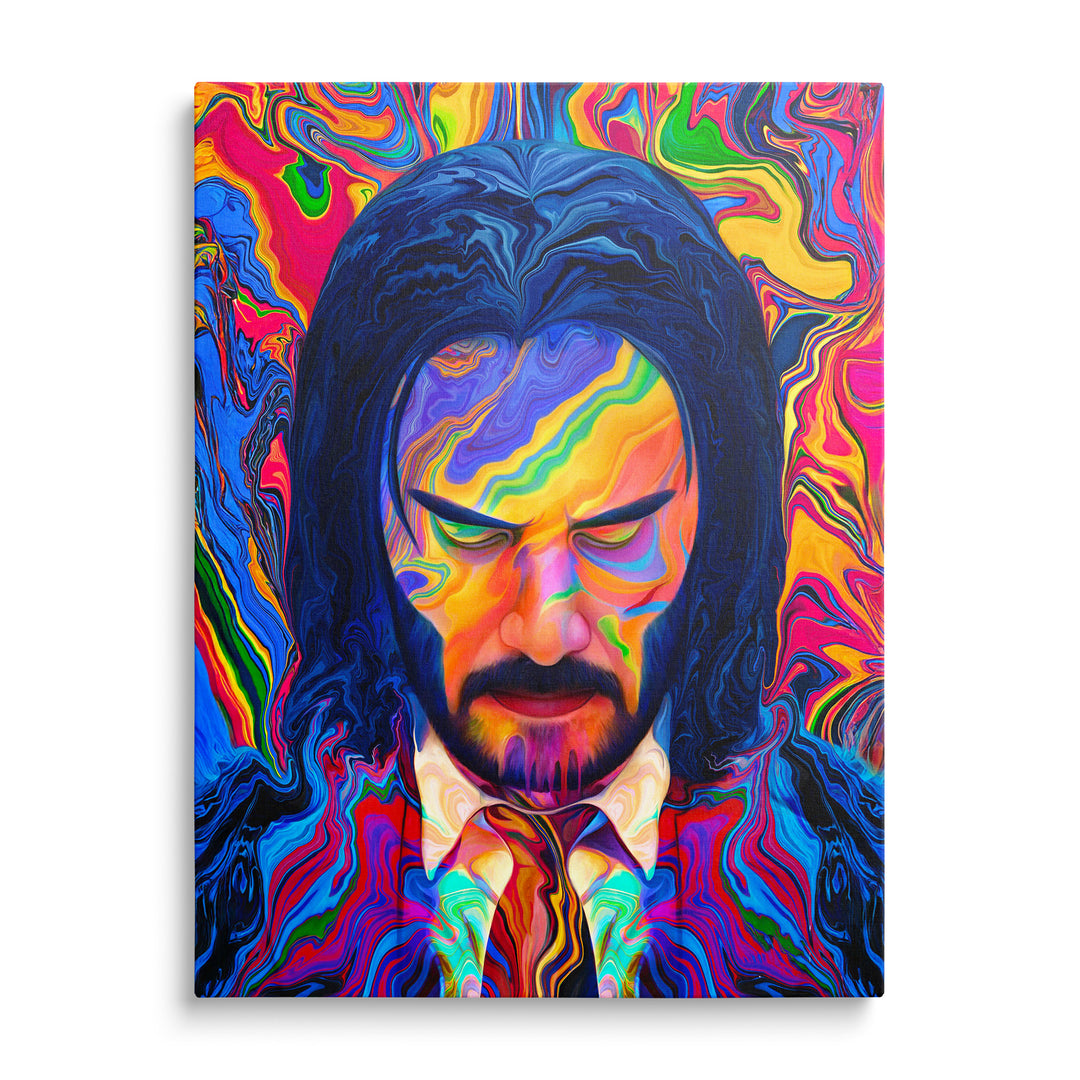 Barevný pop art portrét Johna Wicka ve světlé košili a kravatě