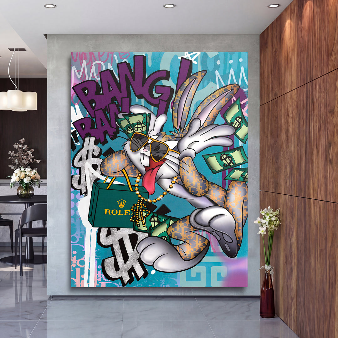 Motivační obraz Bugs Bunny Bang Bang v elegantním interiéru.
