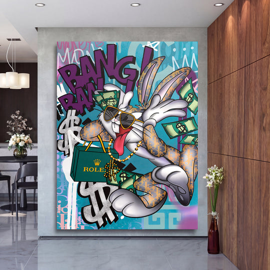 Motivační obraz Bugs Bunny Bang Bang v elegantním interiéru.