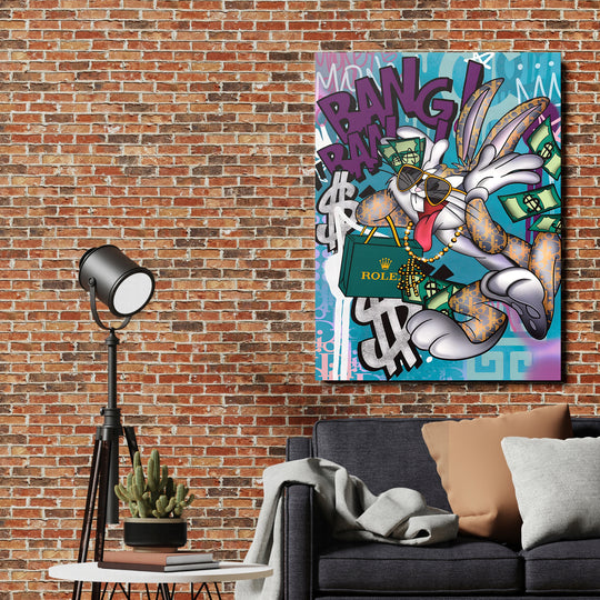 Motivační obraz Bugs Bunny Bang Bang na cihlové stěně.