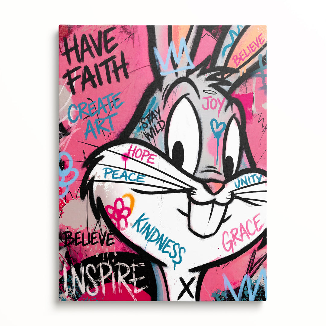 Čisté plátno obrazu Bugs Bunny s motivačními street-art nápisy zepředu.
