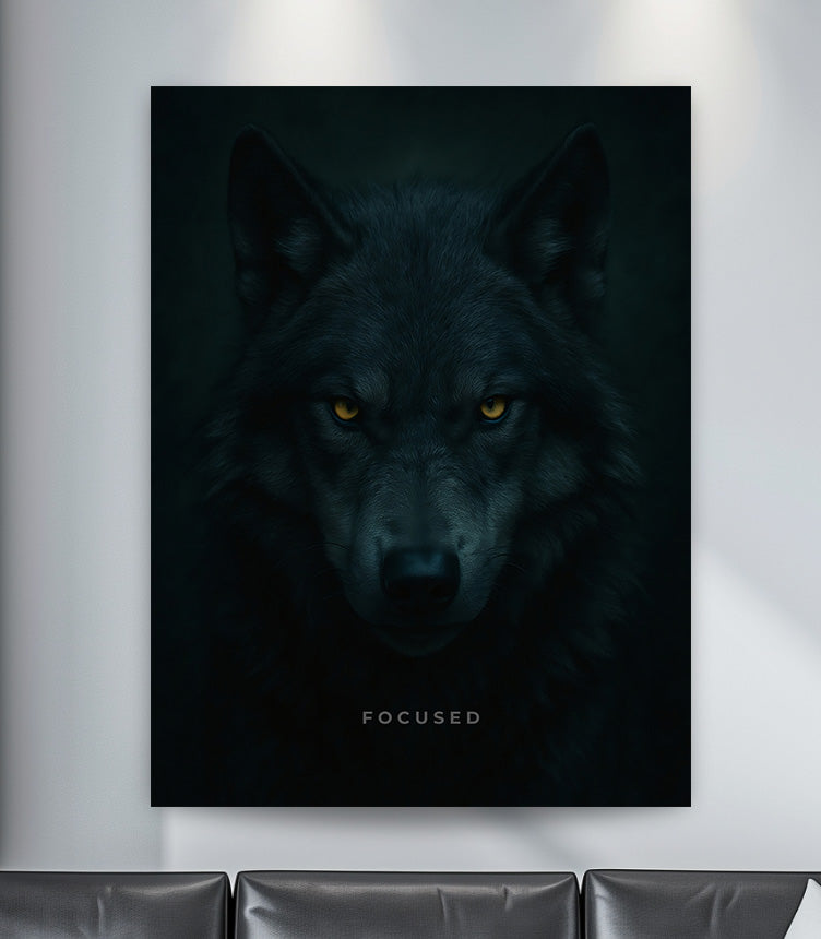 Černý motivační obraz na plátně nebo plakátu se soustředěným vlkem koukajícím přímo s textem focused. Motivace. Motivovanej.