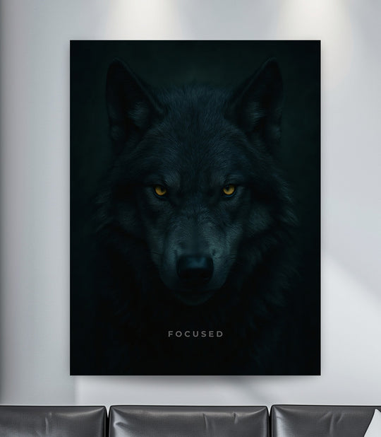 Černý motivační obraz na plátně nebo plakátu se soustředěným vlkem koukajícím přímo s textem focused. Motivace. Motivovanej.