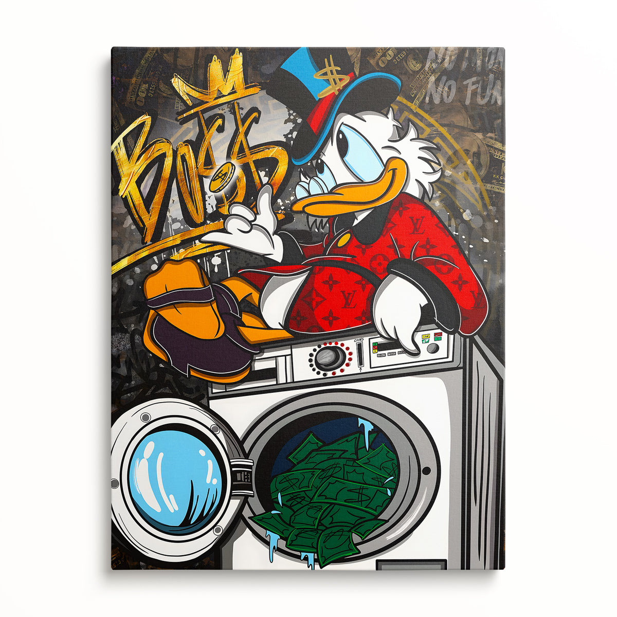 Motivační obraz Donald Duck v pračce plné peněz, čistý přední pohled.