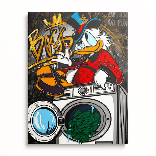 Motivační obraz Donald Duck v pračce plné peněz, čistý přední pohled.