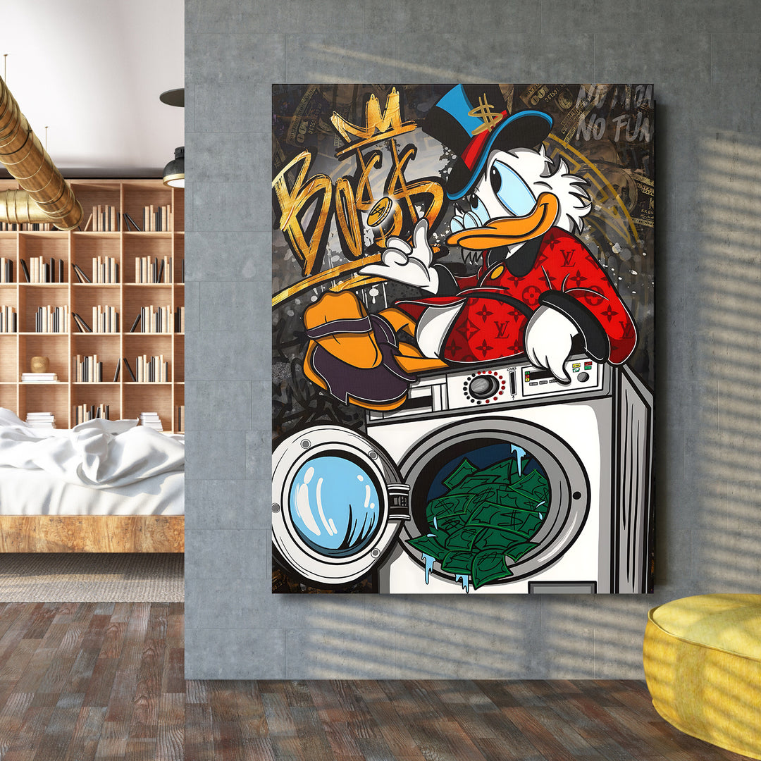 Motivační obraz Donald Duck v pračce plné peněz v moderním interiéru.