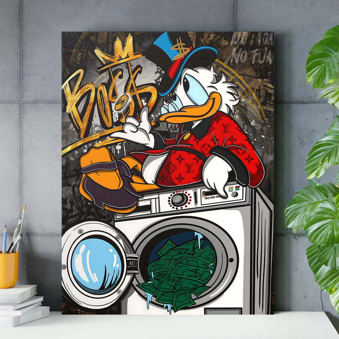 Motivační obraz Donald Duck v pračce plné peněz nad pracovním stolem.