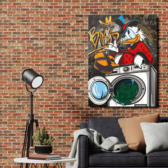 Motivační obraz Donald Duck v pračce plné peněz na cihlové stěně.