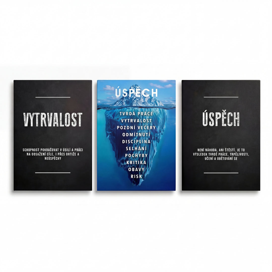 Motivační obraz na plátně: triptych s černým rámem, modrý ledovec a nápisy úspěch a disciplína