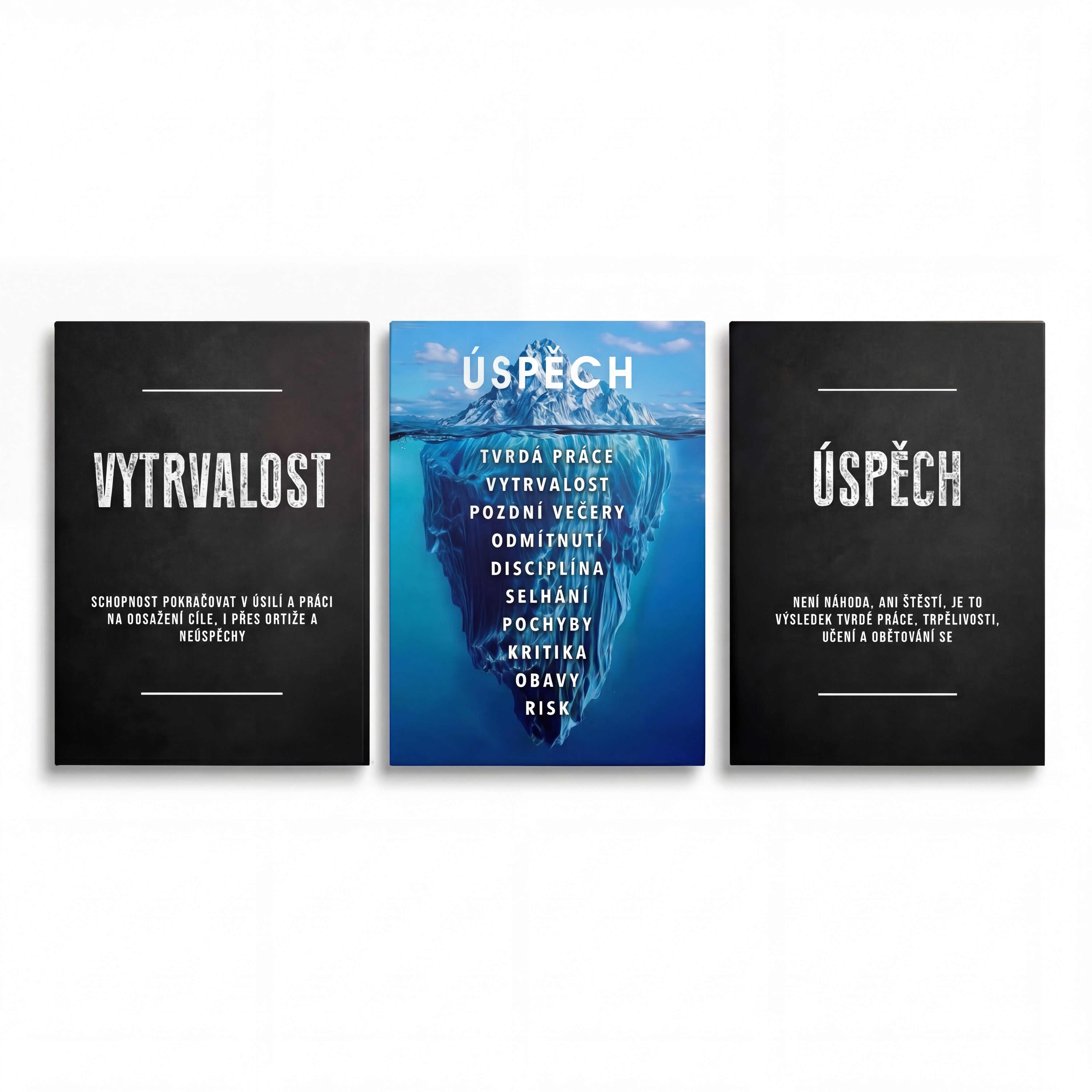 Motivační obraz na plátně: triptych s černým rámem, modrý ledovec a nápisy úspěch a disciplína