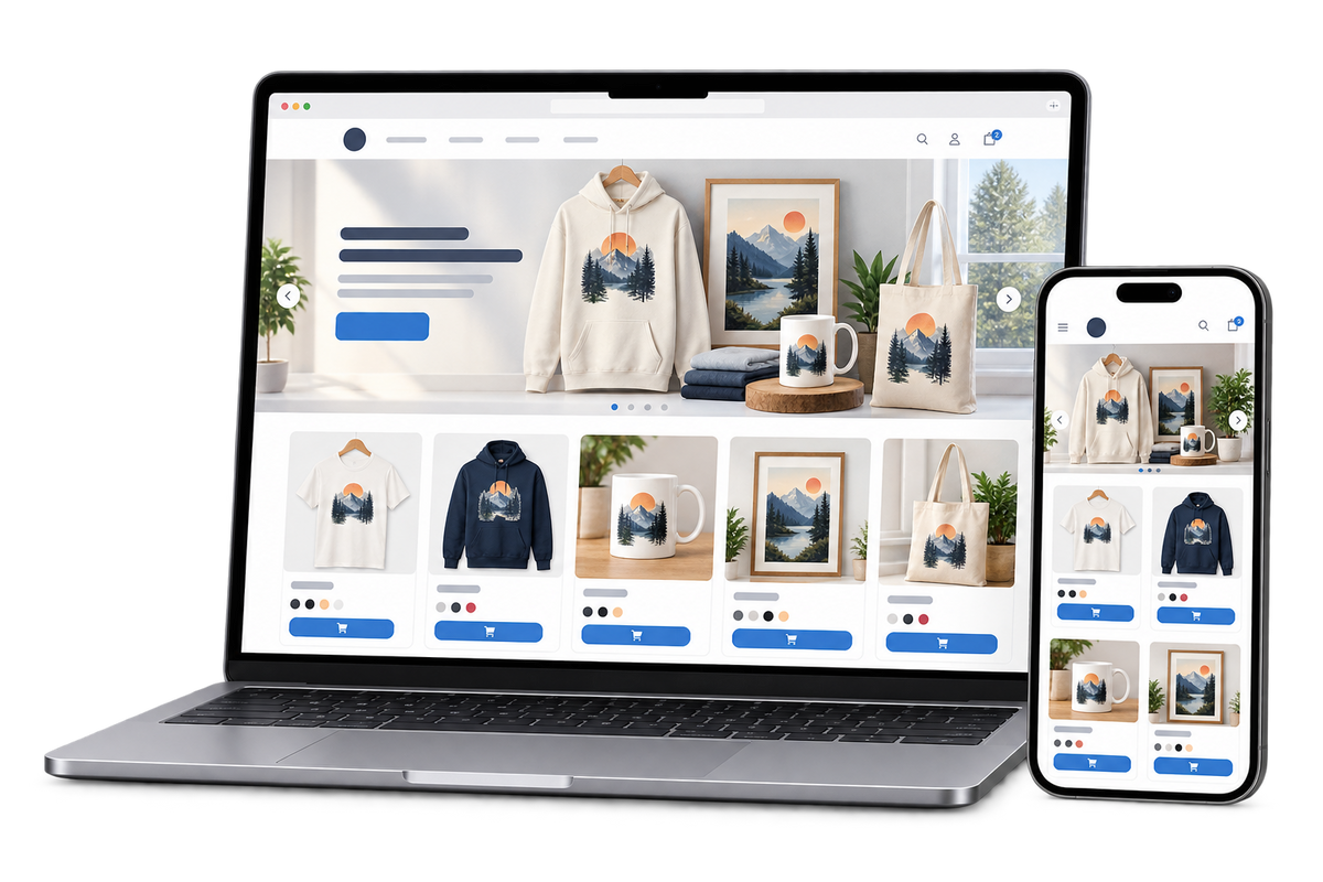 Hotový print on demand e-shop na notebooku a mobilním telefonu