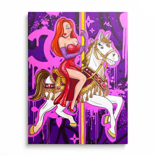 Motivační obraz Jessica Rabbit na kolotočovém koni, čistý přední pohled.